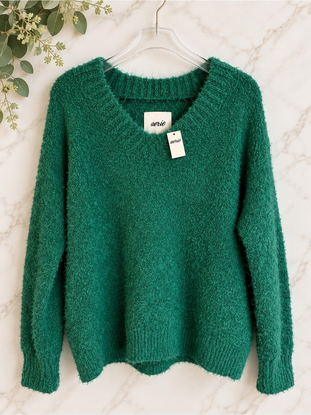 Aerie Green Fuzzy Sweater XS NWT Wool Blend Cozy Boucle Knit Pullover Holiday
